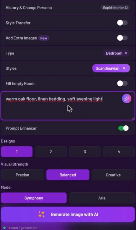 Interior settings filled in: Type set to Bedroom, Styles set to Scandinavian, the prompt 'warm oak floor, linen bedding, soft evening light', Prompt Enhancer on, Designs 1, Visual Strength Balanced, Model Symphony, and the line '1 token / generation' under Generate Image with AI