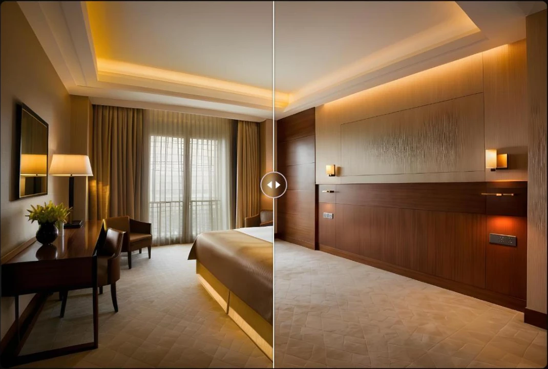 Before/after slider on a hotel bedroom: the bed, desk, chairs and lamp on the left, and the same room empty with bare carpet and wall panels on the right