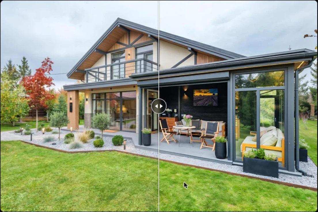 Before/after slider on a two-storey house with a glass extension, garden and lawn, comparing the photo before and after enhancement