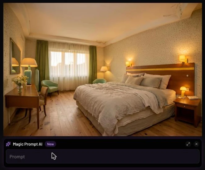 The bedroom result with a Magic Prompt AI box labelled New underneath, holding an empty Prompt field, with expand and close buttons