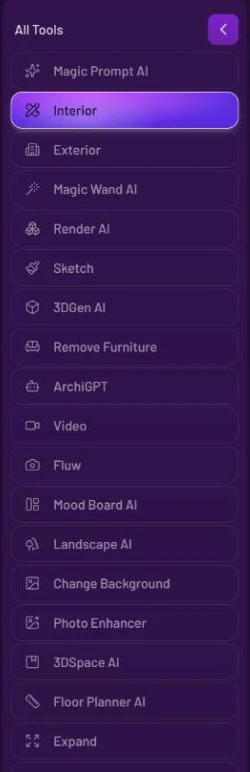 The All Tools column inside a tool page: a list of tools from Magic Prompt AI to Expand, with Interior highlighted and a collapse arrow at the top