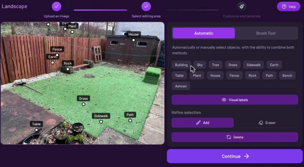 Select editing area step on a back garden photo: object labels such as Grass, Fence, Rock and Path on the photo, matching chips on the right, Visual labels, Refine selection with Add and Eraser, Delete and Continue