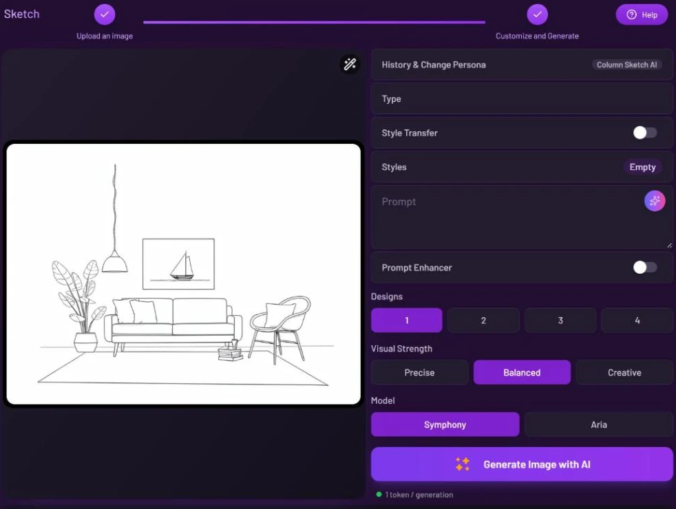 Sketch tool with a line drawing of a living room on the left and the settings on the right: History and Change Persona, Type, Style Transfer, Styles, Prompt, Prompt Enhancer, Designs, Visual Strength, Model and Generate Image with AI