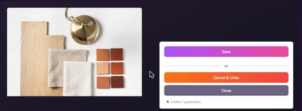 A generated flat-lay of oak boards, linen swatches, terracotta tiles and a brass lamp, with Save, Cancel and Undo, and Close buttons beside it