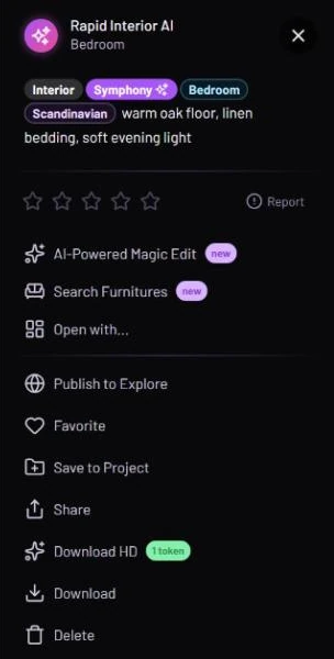 The result viewer's action list for an Interior image: AI-Powered Magic Edit, Search Furnitures and Open with..., then Publish to Explore, Favorite, Save to Project, Share, Download HD with a 1 token badge, Download and Delete