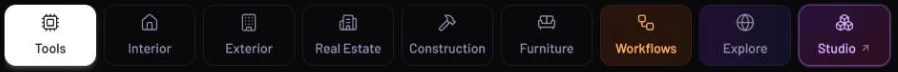 The Dashboard category tabs: Tools selected, then Interior, Exterior, Real Estate, Construction and Furniture, followed by the Workflows, Explore and Studio shortcuts