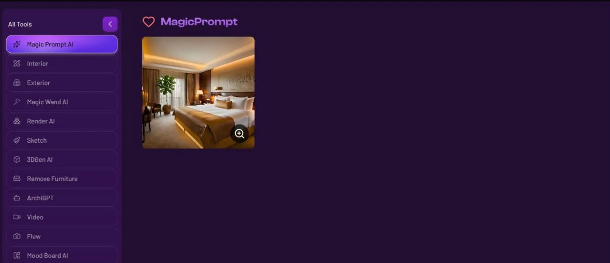 Favorites page with the tool list on the left, Magic Prompt AI highlighted, and one saved bedroom design under a heart and the heading MagicPrompt
