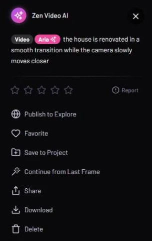 Side panel of a video result with the tags Video and Aria, the prompt, a star rating and the actions Publish to Explore, Favorite, Save to Project, Continue from Last Frame, Share, Download and Delete