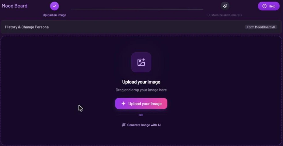 An empty upload area in Mood Board, with an image icon, the heading Upload your image, the line Drag and drop your image here, an Upload your image button, OR, and a Generate Image with AI link