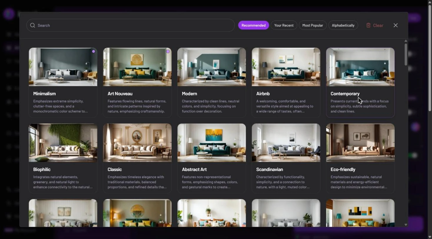 The Styles picker with a search box, the sort chips Recommended, Your Recent, Most Popular and Alphabetically, a Clear button, a close button and style cards such as Minimalism, Art Nouveau, Modern, Airbnb and Scandinavian