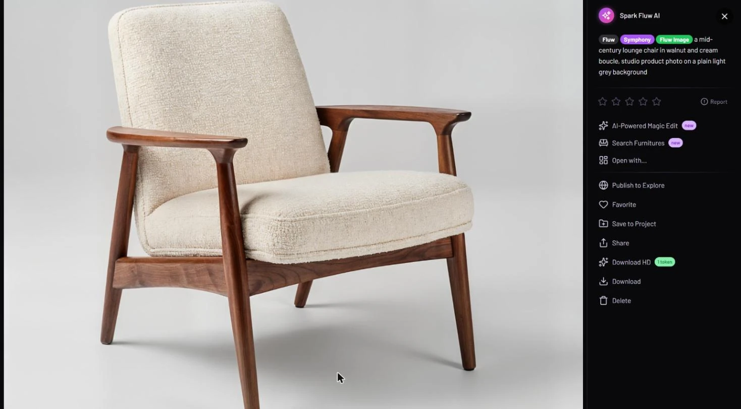 Result viewer showing a mid-century lounge chair in walnut and cream bouclé on a light grey background; the side panel shows the tags Fluw, Symphony and Fluw Image, the prompt, a star rating and the result actions