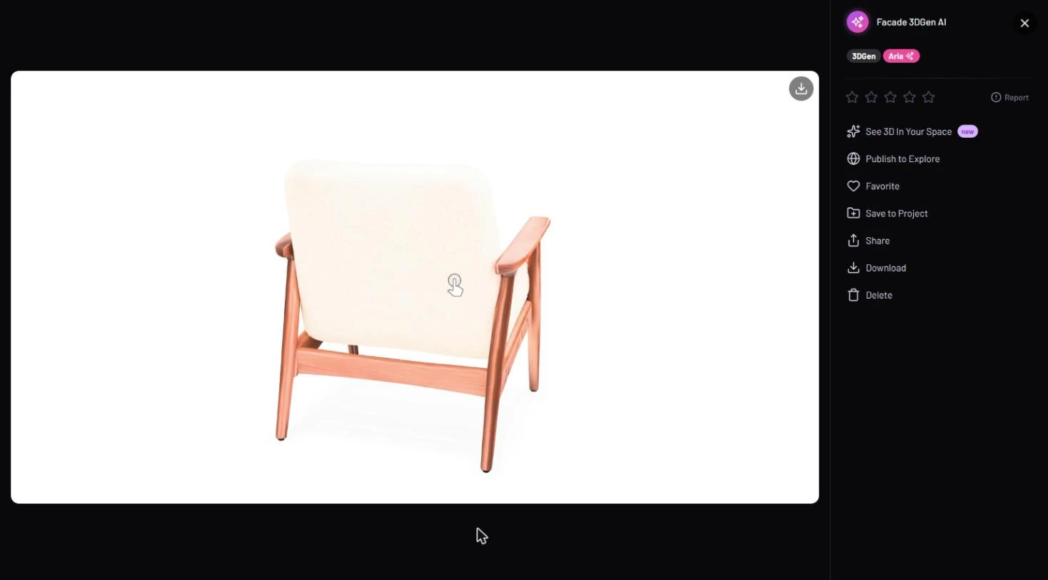 A 3DGen result: a 3D armchair in the viewer with a download icon at the top right, and a panel with the tags 3DGen and Aria, rating stars, Report, and actions starting with See 3D In Your Space