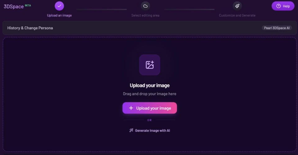 3DSpace BETA screen with the three steps Upload an image, Select editing area and Customize and Generate at the top, the History and Change Persona bar, and an empty upload area with Upload your image and Generate Image with AI