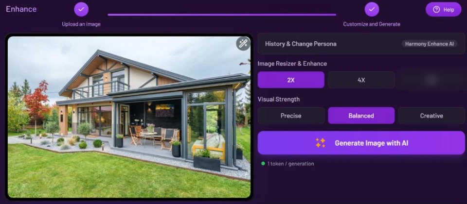 Photo Enhancer workspace with a house photo, the Image Resizer & Enhance options with 2X selected, Visual Strength set to Balanced and the Generate Image with AI button