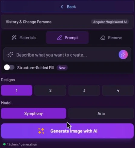 Magic Wand settings step: Back, History & Change Persona, tabs Materials, Prompt and Remove, a prompt box reading Describe what you want to create, the Structure-Guided Fill switch with a New badge, Designs and Model