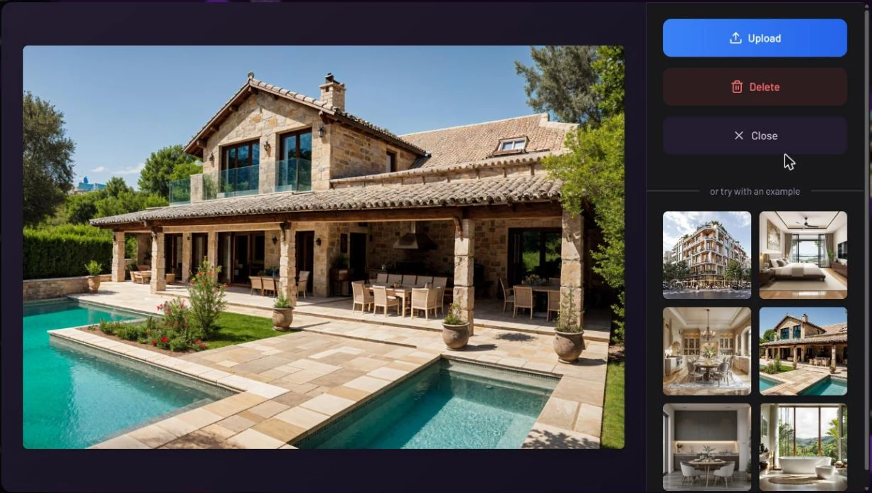 The upload window showing an uploaded photo of a stone house with a pool, with Upload, Delete and Close buttons and the example photos on the right