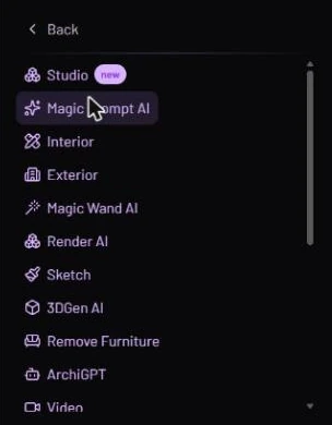 The Open with list: Back, Studio with a new badge, Magic Prompt AI, Interior, Exterior, Magic Wand AI, Render AI, Sketch, 3DGen AI, Remove Furniture, ArchiGPT and Video