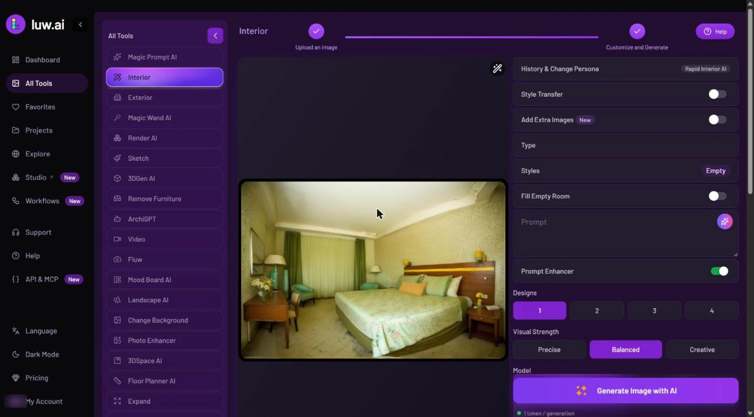 The Interior workspace: the All Tools list on the left; the tool name, a two-step bar and a Help button along the top; a bedroom photo with a wand icon in its corner; and the settings column on the right ending in the Generate Image with AI button and the line '1 token / generation'