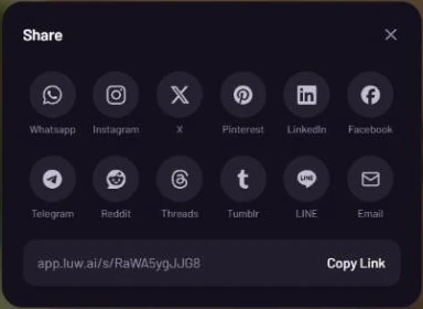 The Share sheet with twelve round buttons for Whatsapp, Instagram, X, Pinterest, LinkedIn, Facebook, Telegram, Reddit, Threads, Tumblr, LINE and Email, and a link starting app.luw.ai/s/ with Copy Link