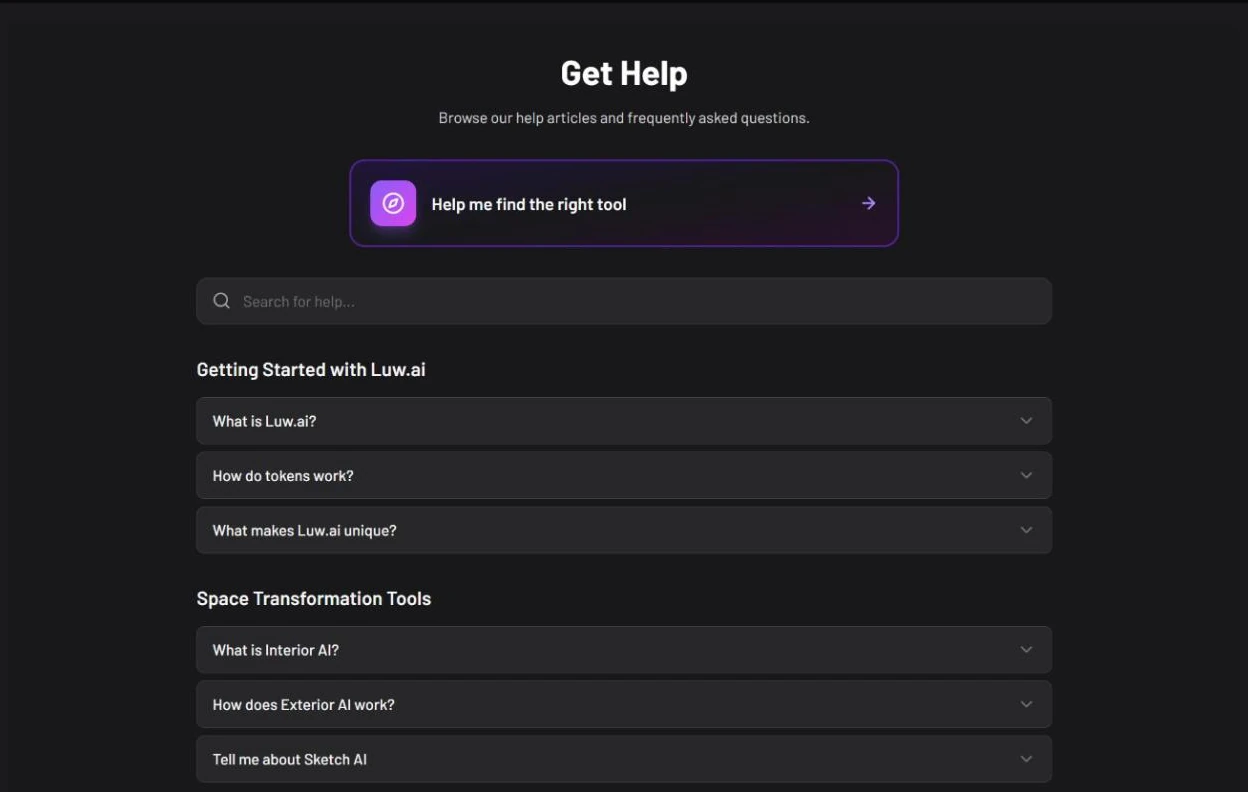 The Get Help page: a Help me find the right tool button, a Search for help... box, and question sections such as Getting Started with Luw.ai and Space Transformation Tools, each question folded up with an arrow