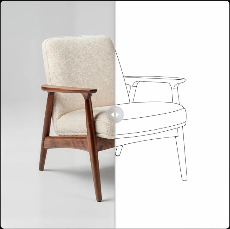 Before/after slider on a lounge chair: the photo with walnut frame and cream upholstery on the left, and the same chair as a black-on-white line drawing on the right