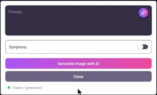 The Generate Image with AI panel: an empty Prompt box with the ArchiGPT sparkle button, a Symphony switch turned off, a Generate Image with AI button, a Close button and the line 1 token / generation