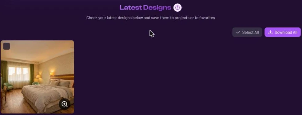 Latest Designs with one finished bedroom design; the card has a checkbox in the top-left corner and a zoom button in the bottom-right, and Select All and Download All buttons sit above the results