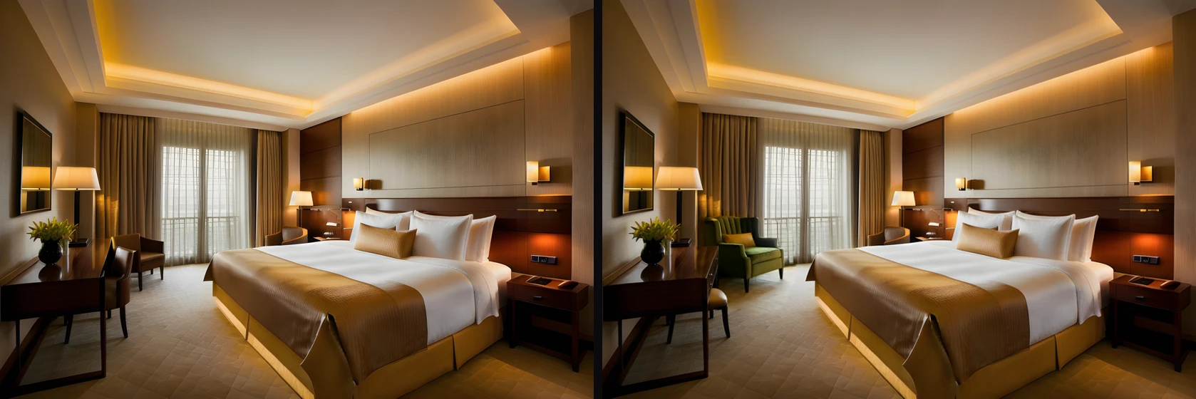 Two versions of the same hotel bedroom side by side: on the left the original with a brown armchair by the window, on the right the same room where that armchair is now a green velvet armchair