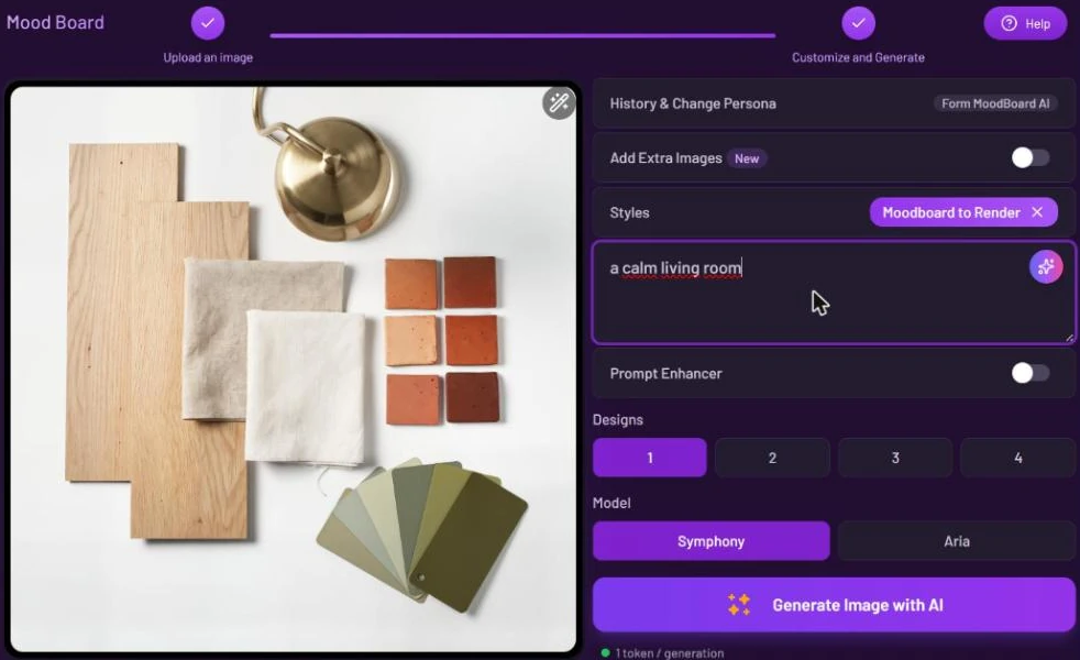 Mood Board workspace with a material board as the photo, the Moodboard to Render chip in Styles, the prompt a calm living room, Prompt Enhancer off, Designs and Model
