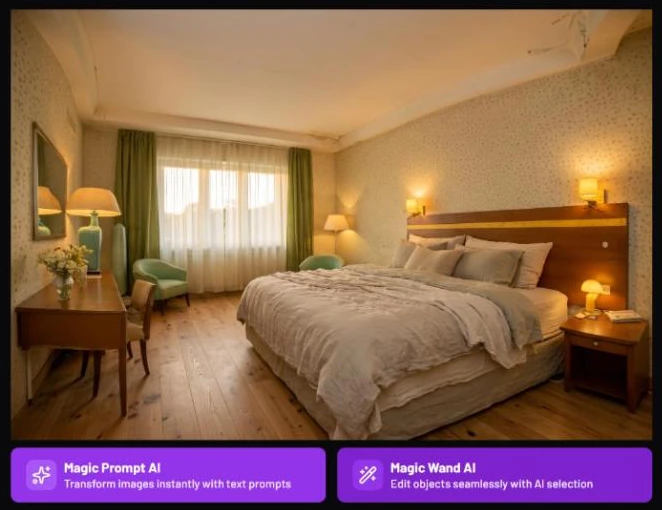 A bedroom result with two buttons underneath: Magic Prompt AI, Transform images instantly with text prompts, and Magic Wand AI