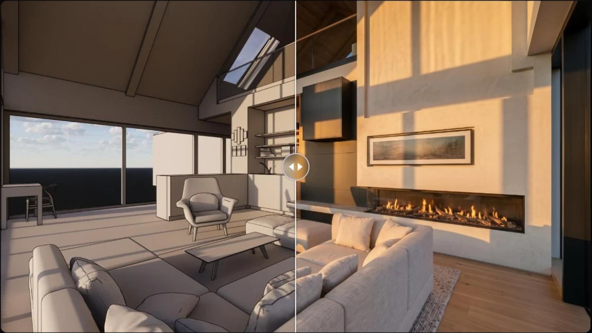 Before and after slider: a plain white 3D model of a living room with a fireplace on the left, the same room rendered with warm evening light, wood floor and furnishings on the right