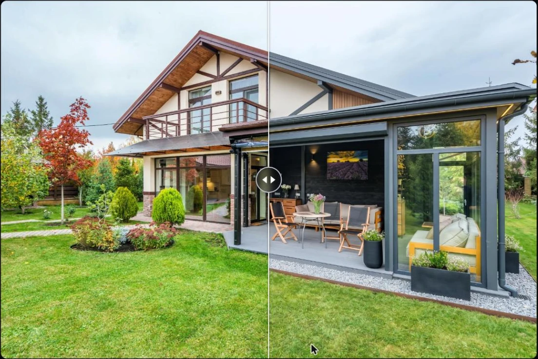 Before/after slider on a two-storey house: the original timber-framed facade on the left and the same house in a modern style with dark frames and a gravel border on the right