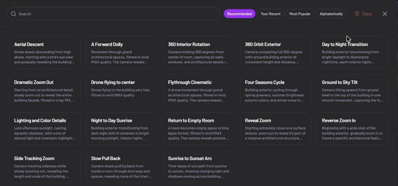 Motion picker with a search box, the sort chips Recommended, Your Recent, Most Popular and Alphabetically, a Clear button, and 18 cards such as Aerial Descent, 360 Orbit Exterior, Day to Night Transition and Return to Empty Room, each with a short description