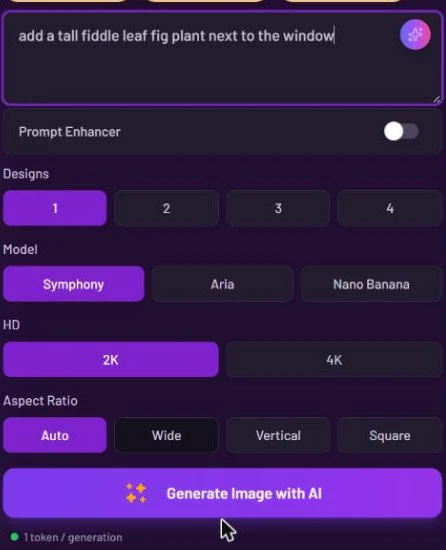 Magic Prompt settings with the prompt add a tall fiddle leaf fig plant next to the window, Prompt Enhancer off, Designs, Model with Symphony, Aria and Nano Banana, HD 2K and 4K, and Aspect Ratio Auto, Wide, Vertical and Square