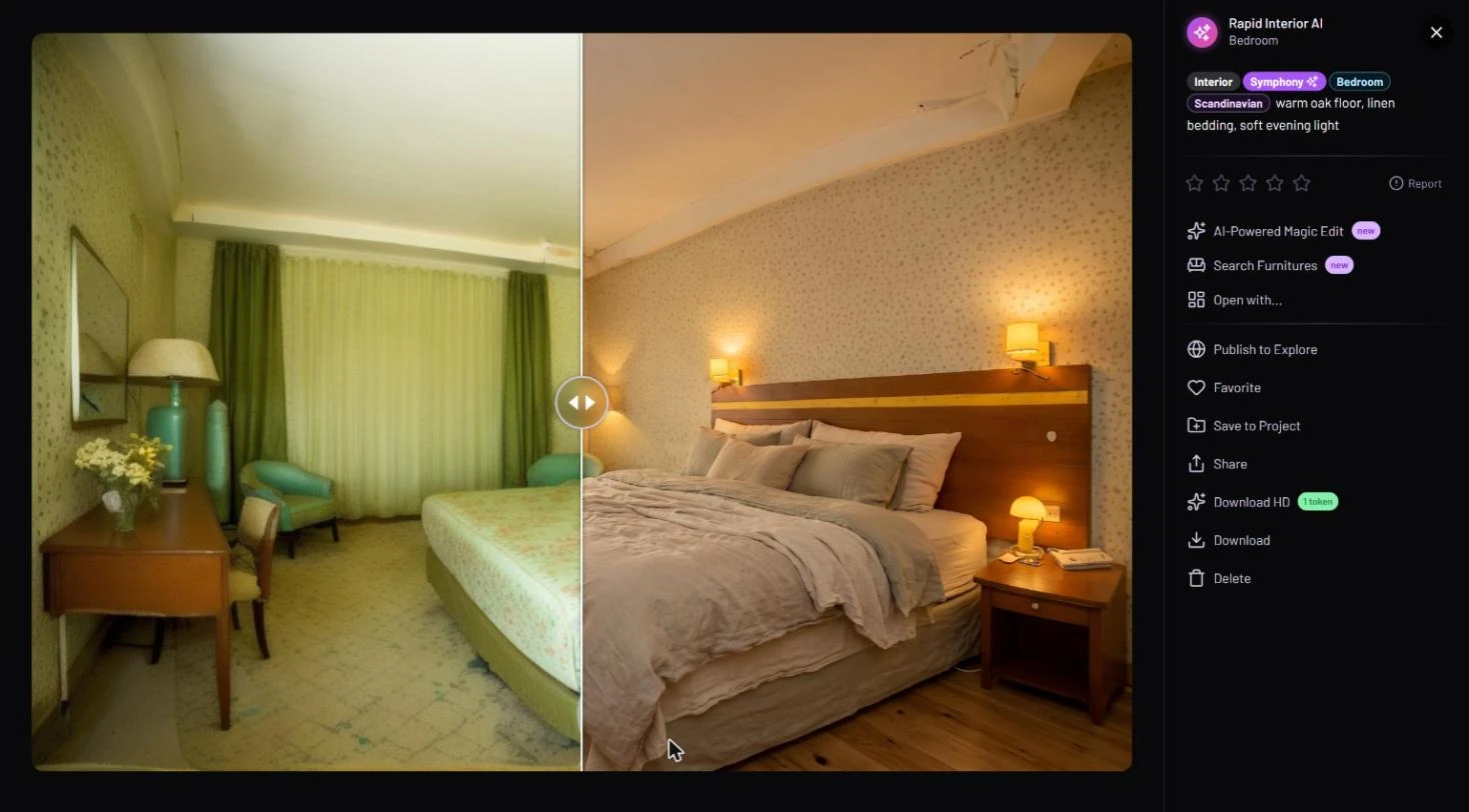 The result viewer: a before/after slider over the original and the redesigned bedroom; on the right the persona name Rapid Interior AI with Bedroom, the tags Interior, Symphony, Bedroom and Scandinavian, the prompt, five rating stars, Report, and the actions from AI-Powered Magic Edit down to Delete
