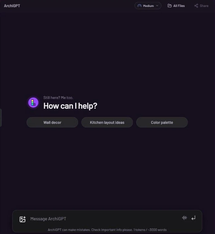 Empty ArchiGPT chat with How can I help? in the middle, the suggestions Wall decor, Kitchen layout ideas and Color palette, the Medium effort control, All Files and Share in the header, and the Message ArchiGPT box with image, voice and send buttons above the footer line