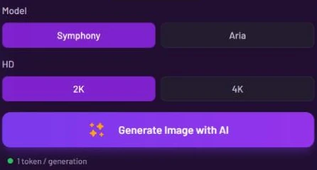 The bottom of the settings: Model with Symphony selected and Aria, HD with 2K selected and 4K, the Generate Image with AI button, and the line '1 token / generation' under it