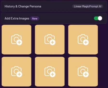 The Add Extra Images switch turned on in Magic Prompt, with six empty image slots below it, each showing a camera icon with a plus sign
