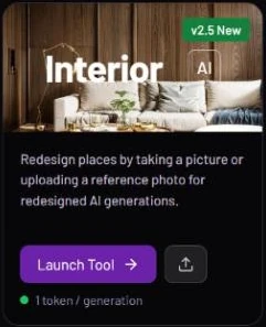 The Interior tool card: a cover picture with the name Interior and a v2.5 New badge, the description, a purple Launch Tool button, an upload button beside it, and the line '1 token / generation'