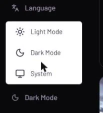 The theme menu open above the Dark Mode item in the sidebar, with Light Mode, Dark Mode and System