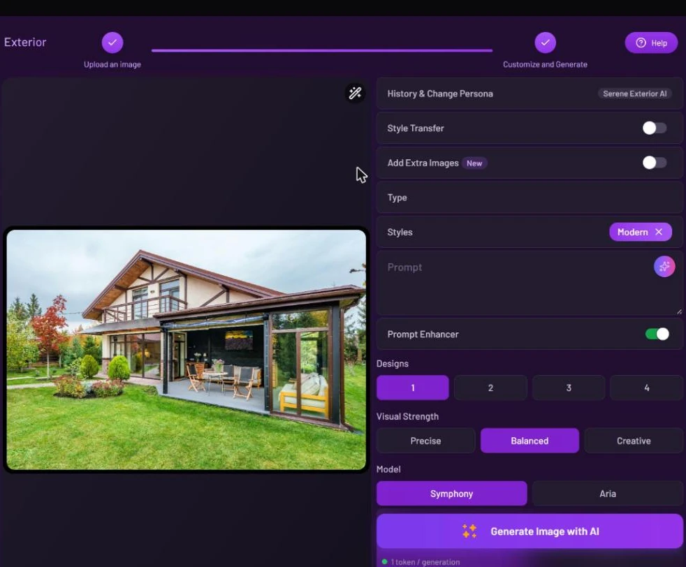 Exterior workspace with a house photo on the left and settings on the right: Style Transfer, Add Extra Images, Type, Styles with the Modern chip, Prompt, Prompt Enhancer on, Designs, Visual Strength and Model