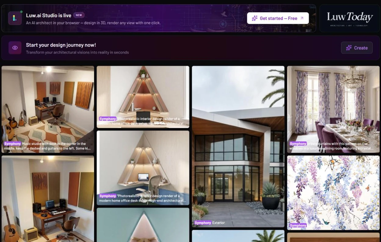Explore page with the Luw.ai Studio is live banner, the Luw Today logo, the Start your design journey now! banner with a Create button, and a grid of community designs below