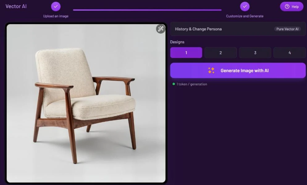 Vector AI workspace with a lounge chair photo, History & Change Persona, Designs 1 to 4 and the Generate Image with AI button with the line 1 token / generation