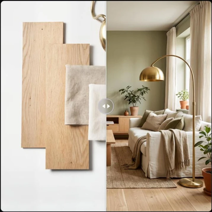 Before/after slider: a material board with oak planks, linen fabric and a brass lamp on the left, and a living room on the right with an oak floor, a linen sofa, sage green walls and a brass arc lamp