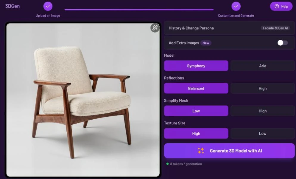 3DGen form with a photo of a lounge chair on the left and on the right Add Extra Images, Model set to Symphony, Reflections Balanced or High, Simplify Mesh Low or High, Texture Size High or Low, and the Generate 3D Model with AI button with 8 tokens per generation