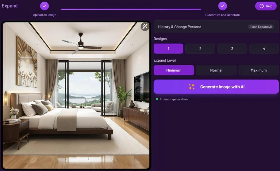 Expand workspace with a bedroom photo and the settings History & Change Persona, Designs, Expand Level with Minimum selected, Normal and Maximum, and Generate Image with AI