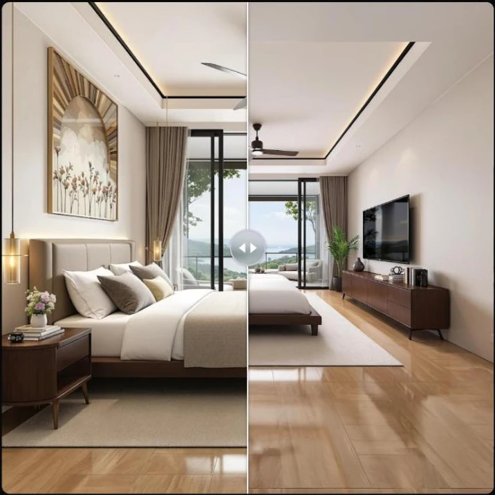 Before/after slider on a bedroom: the original tight crop on the left, and on the right a wider view of the same room showing more floor, ceiling and the wall with the TV