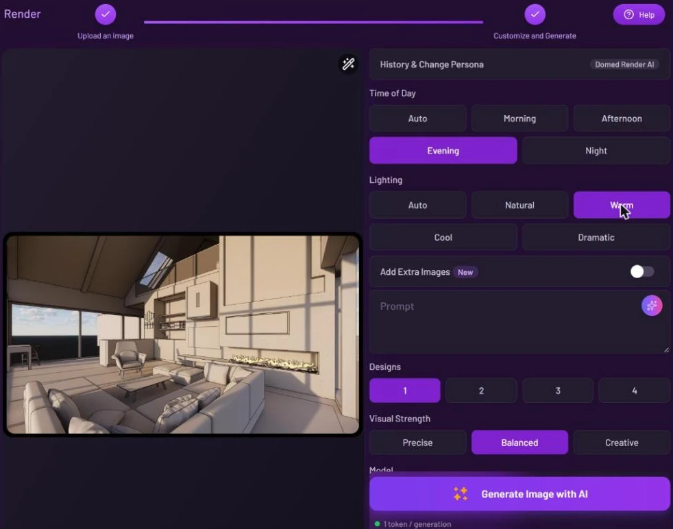 Render AI form with a white living-room model on the left; on the right Time of Day set to Evening, Lighting set to Warm, Add Extra Images switch, Prompt box, Designs, Visual Strength and the Generate Image with AI button with 1 token per generation
